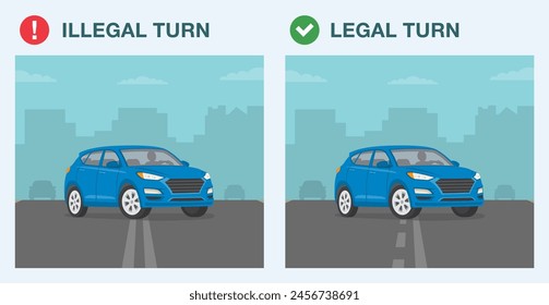 Consejos de conducción segura y reglas de regulación del tráfico. Cambio de carril legal e ilegal. Vista frontal del todoterreno que pasa las líneas de la calle. Plantilla de Ilustración vectorial plana.