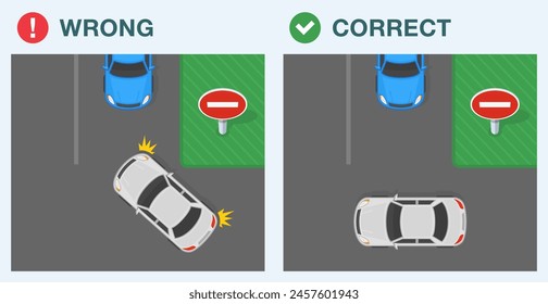 Consejos de conducción segura y reglas de regulación del tráfico. Viaje correcto e incorrecto. Área de la señal de "No entrada". Vista superior de un coche que hace girar en un carril de dirección opuesta. Plantilla de Ilustración vectorial plana.