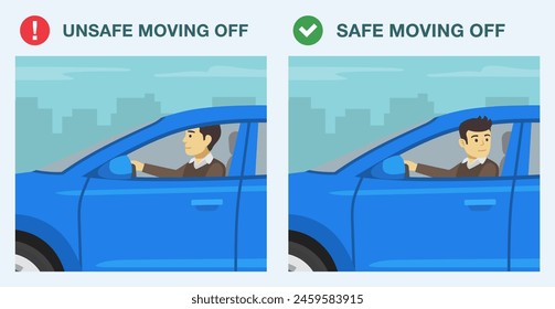 Sichere Fahrtipps und Verkehrsregeln. Sicher und unsicher. Überprüfen Sie den toten Winkel oder die Dämmerungszone, bevor Sie fortfahren. Flache Vektorillustration Vorlage.