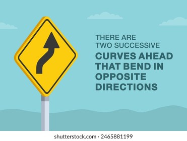 Consejos de conducción segura y reglas de regulación del tráfico. Primer plano de Estados Unidos "curva inversa a la derecha" signo. Curvas que se curvan en direcciones opuestas. Plantilla de Ilustración vectorial plana.