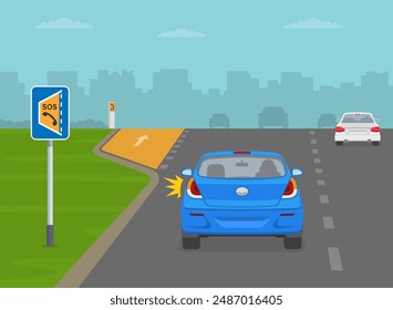 Consejos de conducción segura y reglas de regulación del tráfico. Vista trasera de un coche azul que se mueve al lugar de espera de emergencia. Plantilla de Ilustración vectorial plana.
