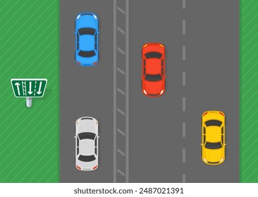 Safe driving tips and traffic regulation rules. Top view of a traffic flow on a british motorway. Single lane traffic with two lanes in the opposite direction. Flat vector illustration template.