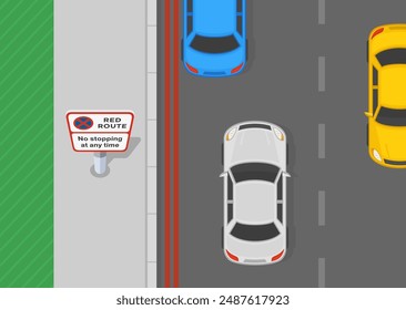 Safe driving tips and traffic regulation rules. Top view of a traffic flow on a "red route" sign area. Flat vector illustration template.