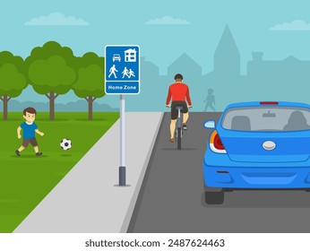 Consejos de conducción segura y reglas de regulación del tráfico. Vista trasera de un ciclista y coche en carretera. Zona de inicio, zona de señales. Plantilla de Ilustración vectorial plana.