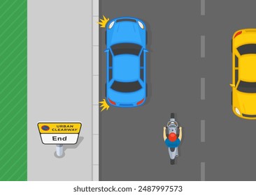 Safe driving tips and traffic regulation rules. Blue sedan car stops after "end of urban clearway" sign. Top view. Flat vector illustration template.