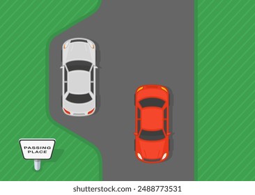 Safe driving tips and traffic regulation rules. The white sedan car stopped at "Passing place" sign. Top view of a narrow road. Flat vector illustration template.