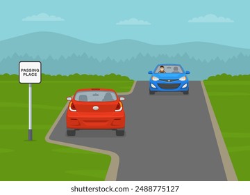 Safe driving tips and traffic regulation rules. Passing place on a narrow road. Red sedan car giving way to oncoming car on a dedicated place. Back view. Flat vector illustration template.