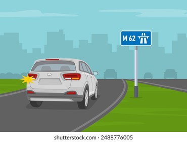 Consejos de conducción segura y reglas de regulación del tráfico. Vista trasera de un coche todoterreno blanco que entra en la autopista. Plantilla de Ilustración vectorial plana.