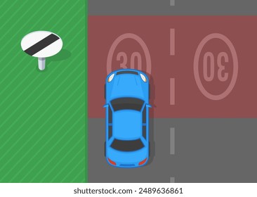 Consejos de conducción segura y reglas de regulación del tráfico. Vista superior de un coche sedán azul en una carretera con límite de velocidad nacional. Plantilla de Ilustración vectorial plana.