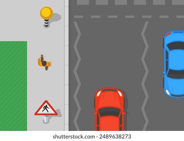 Safe driving tips and traffic regulation rules. Top view of a british street with pedestrian crossing sign and belisha beacon. Flat vector illustration template.