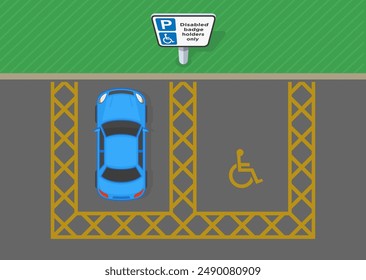 Consejos de conducción segura y reglas de regulación del tráfico. Vista superior de un estacionamiento británico para titulares de insignias para discapacitados. Plantilla de Ilustración vectorial plana.