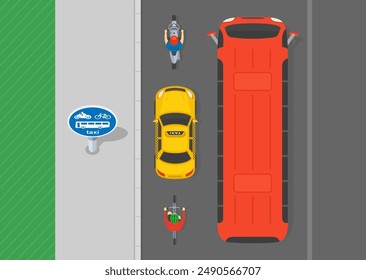 Consejos de conducción segura y reglas de regulación del tráfico. Vista superior de una ruta para autobuses, bicicletas a pedales, motocicletas solas y taxis. Plantilla de Ilustración vectorial plana.