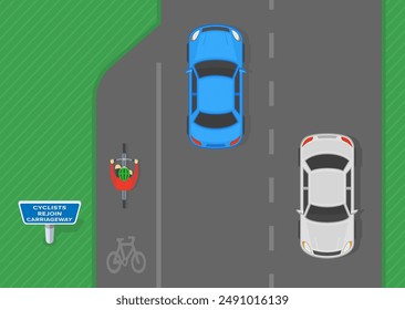 Safe driving tips and traffic regulation rules. "Cyclists rejoin carriageway" sign area. Top view of a bicycle rider on a bike lane. Flat vector illustration template.