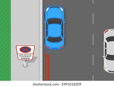 Safe driving tips and traffic regulation rules. "Red route clearway ends" sign area. Top view of a car parked after double red lines. Flat vector illustration template.