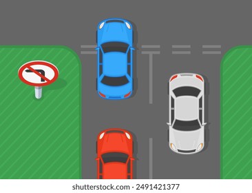 Safe driving tips and traffic regulation rules. Junction with "No left turn" sign. Top view of a traffic flow. Flat vector illustration template.