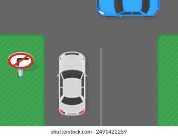 Safe driving tips and traffic regulation rules. Junction with "No right turn" sign. Top view of a white car approaching the intersection. Flat vector illustration template.