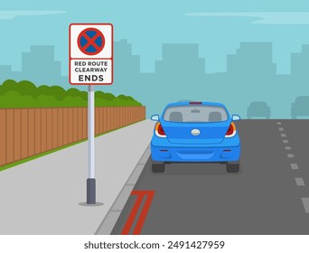 Safe driving tips and traffic regulation rules. "Red route clearway ends" sign area. Car parked after double red lines. Back view. Flat vector illustration template.