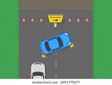 Safe driving tips and traffic regulation rules. Top view of a car making u-turn at "diversion" road sign. Flat vector illustration template.