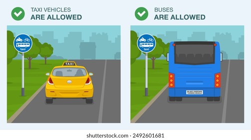 Safe driving tips and traffic regulation rules. British "route for buses, pedal cycles, solo motorcycles and taxis" road sign. Back view of a allowed taxi and bus. Flat vector illustration template.