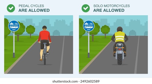 Safe driving tips and traffic regulation rules. British "route for buses, pedal cycles, solo motorcycles and taxis" road sign. Back view of allowed cyclist and moto rider. Flat vector illustration.