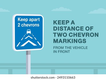 Safe driving tips and traffic regulation rules. Close-up of a british "keep 2 apart chevrons" road sign. Keep a distance of two chevron markings. Flat vector illustration template.
