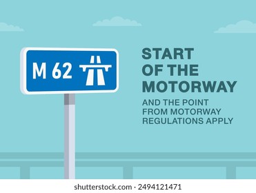 Safe driving tips and traffic regulation rules. Close-up of a british "Start of the motorway" road sign. The point from motorway regulations apply. Flat vector illustration template.