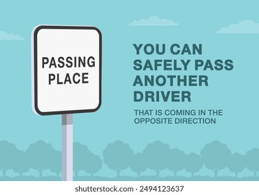 Safe driving tips and traffic regulation rules. Close-up of a british "passing place" road sign. You can safely pass another driver coming in the opposite direction. Flat vector illustration template.