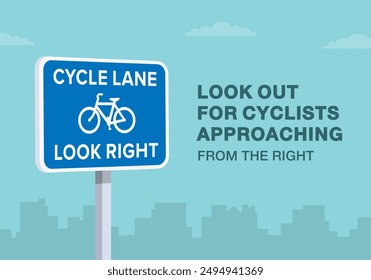 Consejos de conducción segura y reglas de regulación del tráfico. Primer plano de una señal de carretera británica "carril bici, mira a la derecha". Cuidado con los ciclistas que se acercan por la derecha. Plantilla de Ilustración vectorial plana.