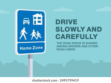 Safe driving tips and traffic regulation rules. Close-up of a british "home zone" road sign. Drive slowly and carefully, the road space is shared. Flat vector illustration template.