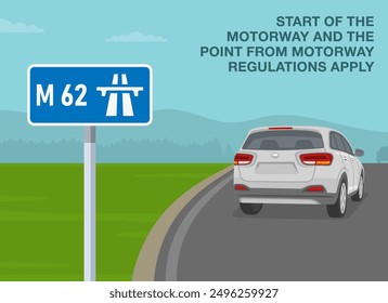 Consejos de conducción segura y reglas de regulación de tráfico. Primer plano de una señal de carretera británica de "inicio de la autopista". Vista trasera de un todoterreno en una carretera de giro. Plantilla de Ilustración vectorial plana.