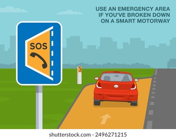 Consejos de conducción segura y reglas de regulación de tráfico. Primer plano de una señal de carretera británica de "emergencia". Vista trasera de un coche detenido en un refugio con el neumático aplanado. Plantilla de Ilustración vectorial plana.