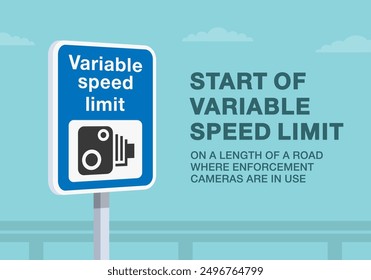 Safe driving tips and traffic regulation rules. Close-up of a british "variable speed limit" road sign. Length of road where enforcement cameras are in use. Flat vector illustration template.