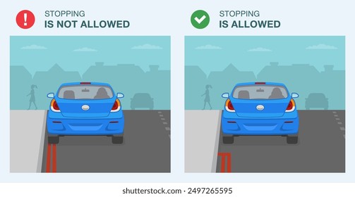 Safe driving tips and traffic regulation rules. Legal and illegal stopping. Car stopped on a double red line road. "Red route" sign area. Back view. Flat vector illustration template.