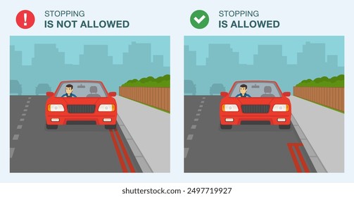 Safe driving tips and traffic regulation rules. Front view of a car stopped on a double red line road. Legal and illegal stopping. "Red route" sign area. Flat vector illustration template.