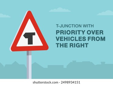 Consejos de conducción segura y reglas de regulación de tráfico. Primer plano de un "cruce en T" británico con prioridad sobre los vehículos de la derecha. Plantilla de Ilustración vectorial plana.