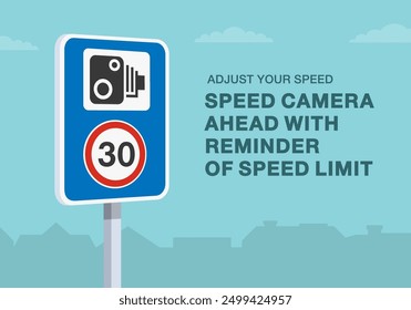 Safe driving tips and traffic regulation rules. Close-up of a british "speed camera ahead with reminder of speed limit" road sign. Adjust your speed. Flat vector illustration template.