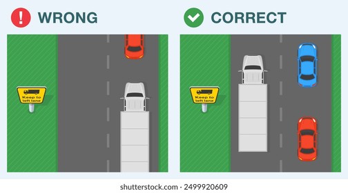 Safe driving tips and traffic regulation rules. Correct and incorrect driving. Top view of a goods vehicle at "keep to left lane" sign area. Flat vector illustration template.