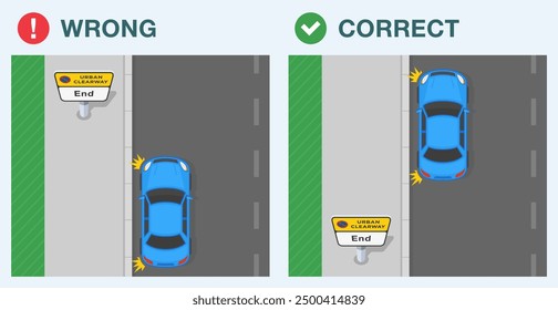 Safe driving tips and traffic regulation rules. Correct and incorrect driving. Top view of a car stopped at "end of urban clearway" sign area. Flat vector illustration template.