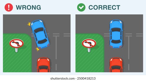 Safe driving tips and traffic regulation rules. Correct and incorrect driving. Top view of a traffic flow on a junction with "no left turn" sign. Flat vector illustration template.