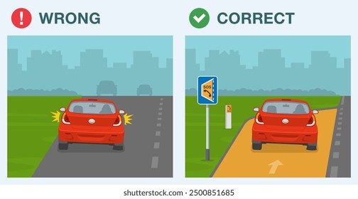 Safe driving tips and traffic regulation rules. Correct and incorrect driving. Back view of a car pulled over with flattened tire. Flat vector illustration template.