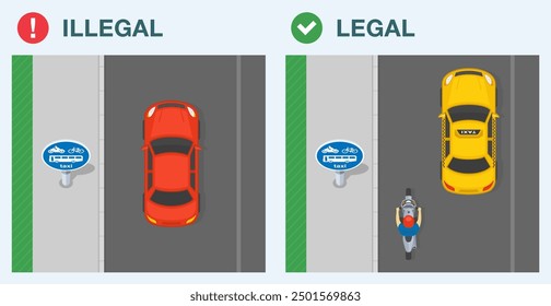 Safe driving tips and traffic regulation rules. Legal and illegal driving. Top view of a traffic flow on a route for buses, pedal cycles, solo motorcycles and taxis. Flat vector illustration template.