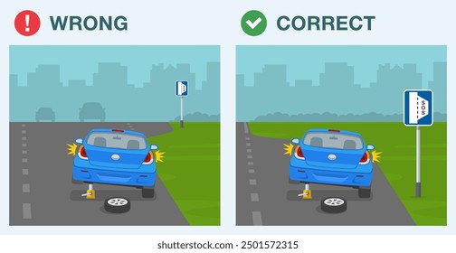 Consejos de conducción segura y reglas de regulación de tráfico. Conducción correcta e incorrecta. Vista trasera de un coche cambiando neumático plano usando gato de coche. Usa el lay-by de emergencia. Plantilla de Ilustración vectorial plana.