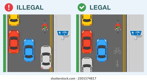 Safe driving tips and traffic regulation rules. Legal and illegal driving. Top view of a parked cars on a one-way street with contraflow bicycle route. Flat vector illustration template.