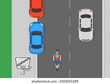 Safe driving tips and traffic regulation rules. "End of no parking on the verge or footway" road sign. Top view of a cars partially parked on footway. Flat vector illustration template.