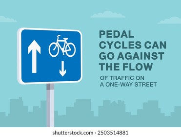 Consejos de conducción segura y reglas de regulación de tráfico. Primer plano de los "ciclos de pedal de contraflujo británicos en una calle de un solo sentido" señal de tráfico. Los ciclistas pueden ir en contra de la corriente. Plantilla de Ilustración vectorial plana.