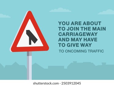 Safe driving tips and traffic regulation rules. Close-up of a british "traffic merges onto the main carriageway" road sign. Give way to oncoming traffic. Flat vector illustration template.