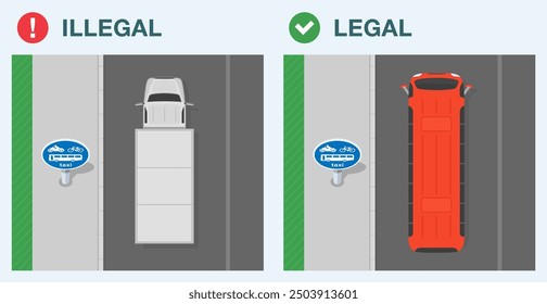 Safe driving tips and traffic regulation rules. Legal and illegal driving. Top view of a bus and goods vehicle on a dedicated lane. Flat vector illustration template.