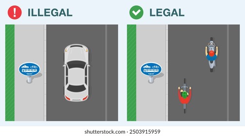 Safe driving tips and traffic regulation rules. Legal and illegal driving. Top view of car, bicycle and moto rider on a dedicated lane. Flat vector illustration template.