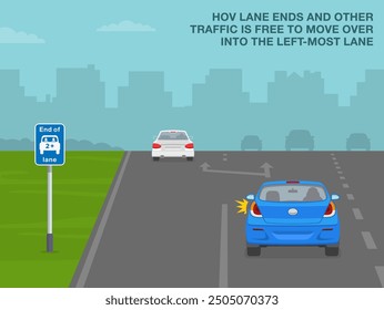 Safe driving tips and traffic regulation rules. British "End of HOV lane" road sign meaning. Back view of a traffic flow on motorway. Flat vector illustration template.