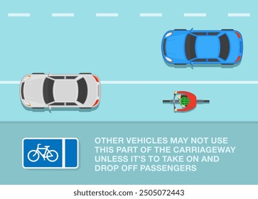 Consejos de conducción segura y reglas de regulación de tráfico. Señal de tráfico británica "obligatoria con carril bici de pedal de flujo". Vista superior de un coche estacionado en un carril dedicado. Plantilla de Ilustración vectorial plana.